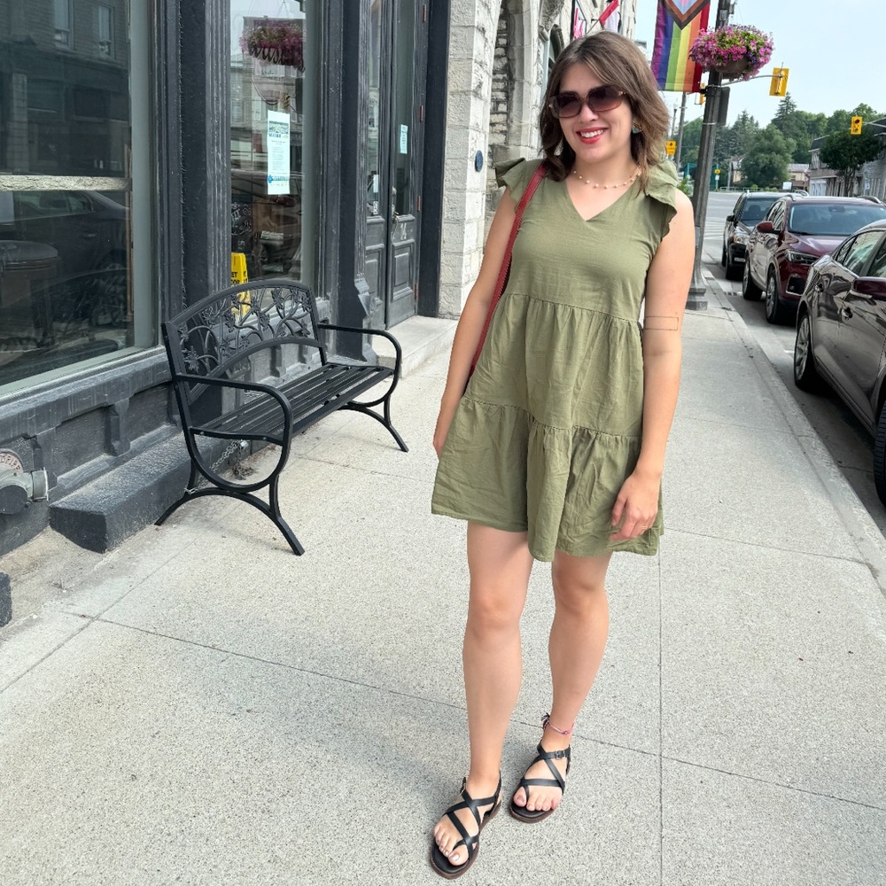 Olive Green Tiered Cotton Mini Dress with Flutter Sleeve